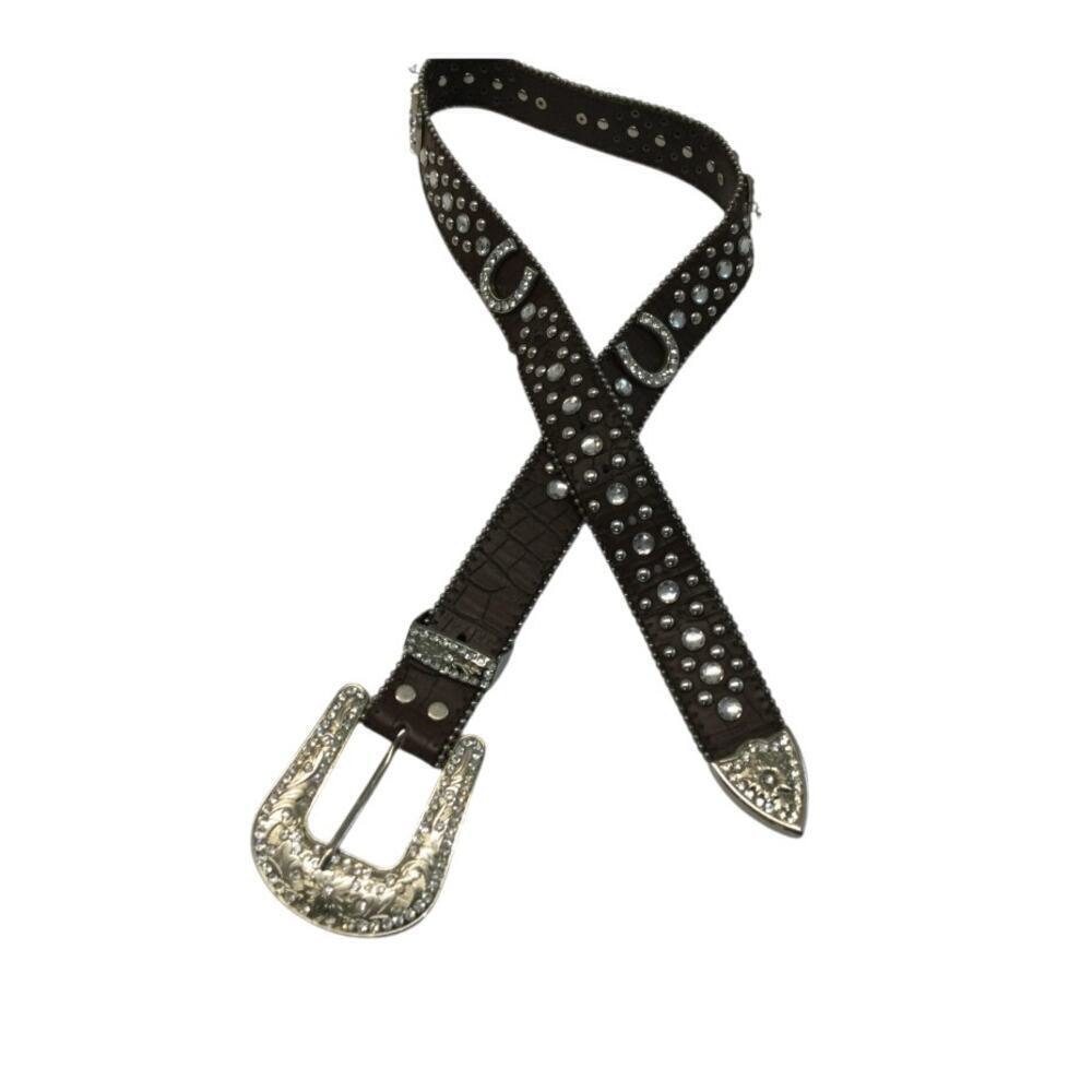Rhinestone Western Leather Belt Size M Nocona Horseshoe Silver Buckle Rodeo